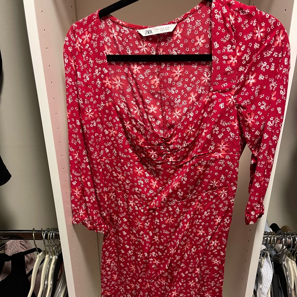 Red long sleeve flowery dress from Zara